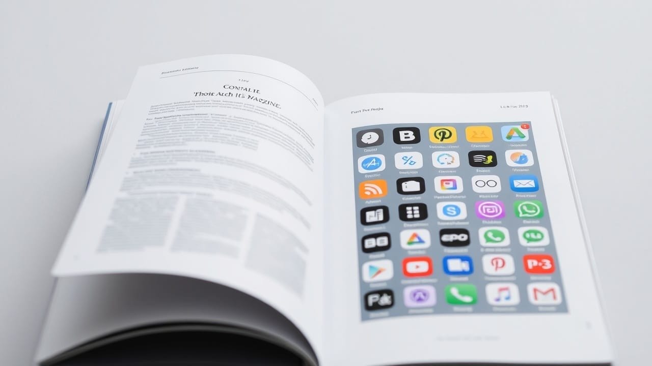 An open book lies on a white surface. The left page features text in a column layout on sports media criticism, while the right page displays a grid of colorful app icons, resembling a smartphone home screen, against a white background.
