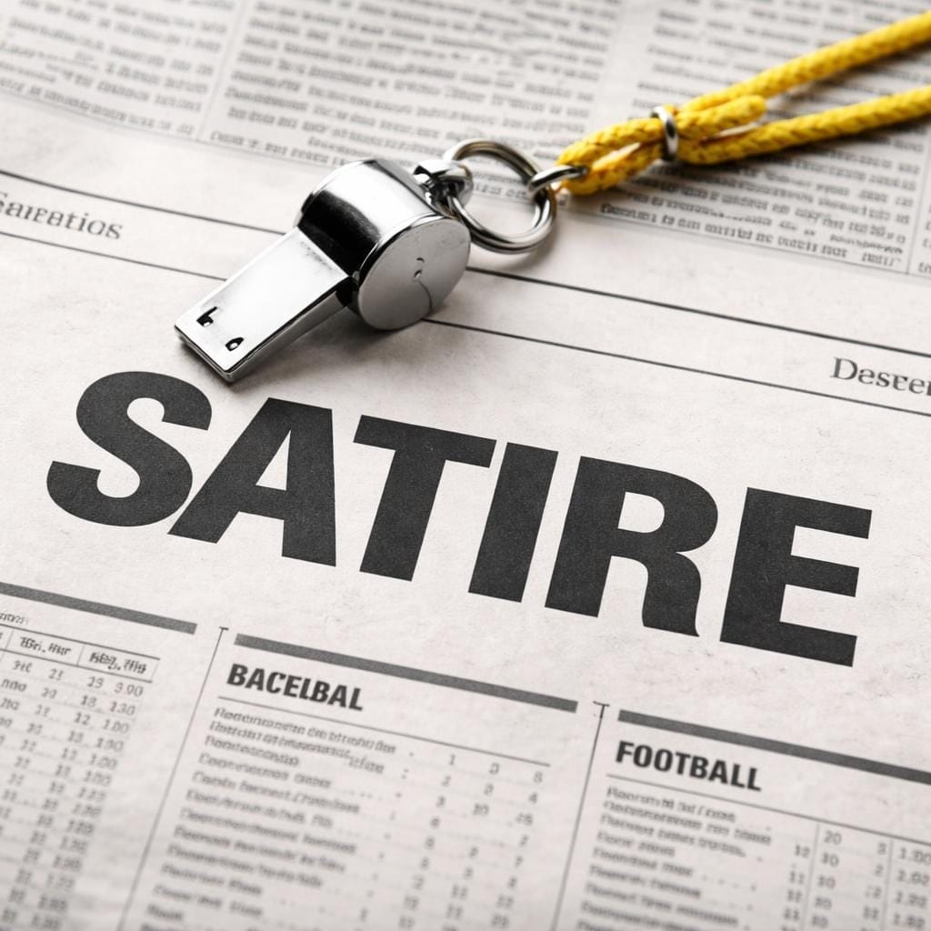 A silver whistle on a yellow cord rests on a newspaper page with the bold headline “SATIRE.” Below the headline are columns for different sports sections, labeled “BASEBALL” and “FOOTBALL,” with printed text and scores.