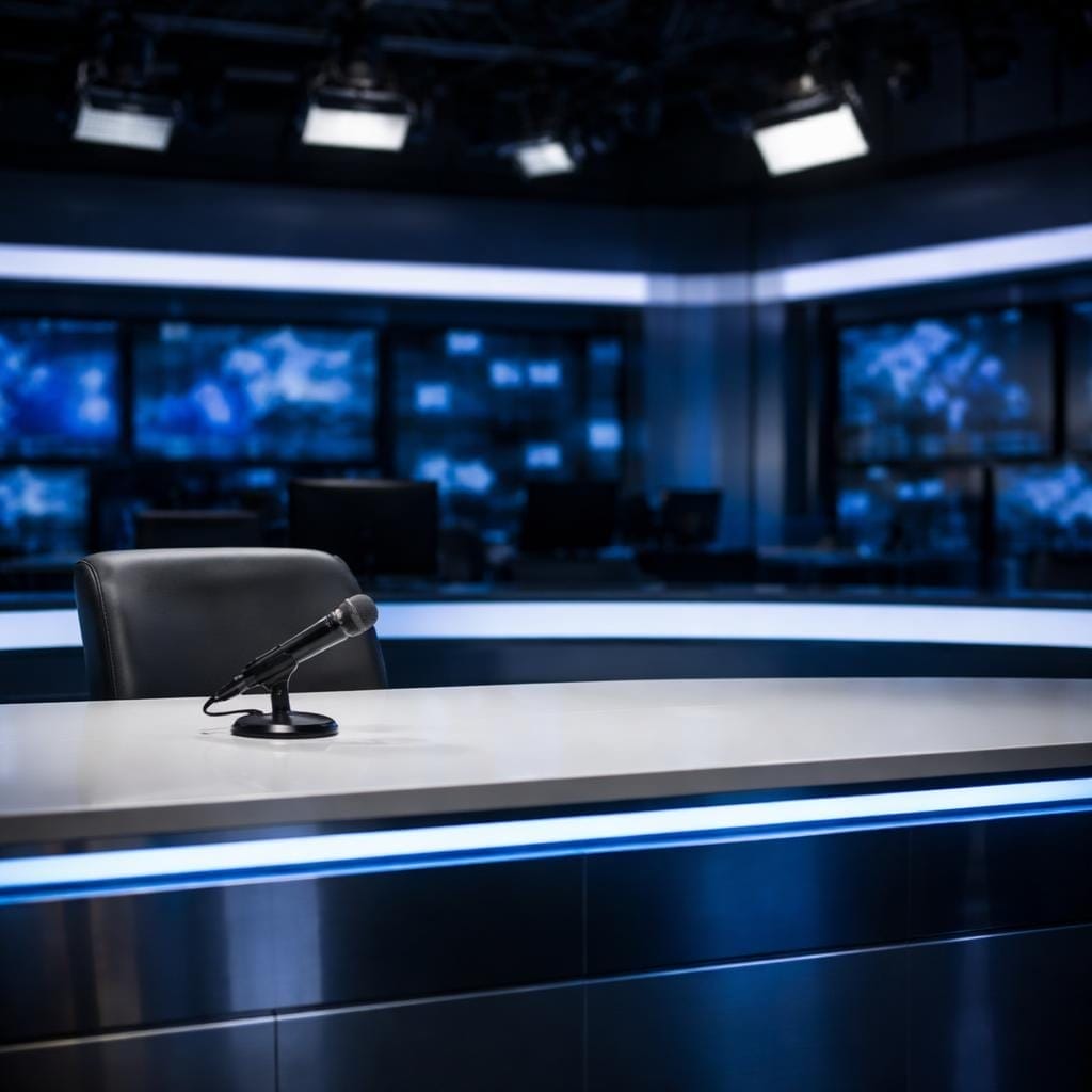 A modern, empty news studio with a sleek anchor desk in the foreground. A microphone sits on the desk, and large screens with blue graphics fill the background under bright overhead lights. No people are present.