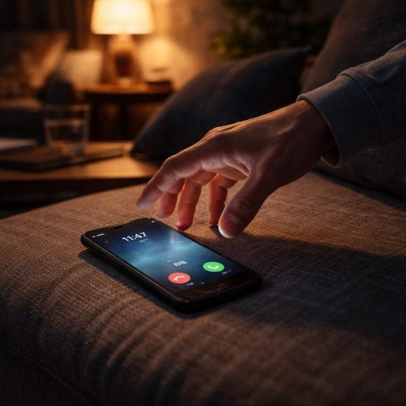 A person&rsquo;s hand reaching for a buzzing phone on a sofa clocked at 11:47 PM.