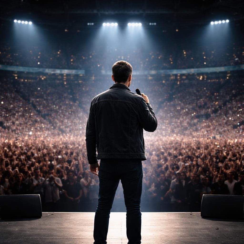 A man in a dark jacket and jeans stands on stage holding a microphone, facing a large, cheering crowd in an arena filled with bright lights. The atmosphere is electric as he delivers a sports hot take that captivates thousands.