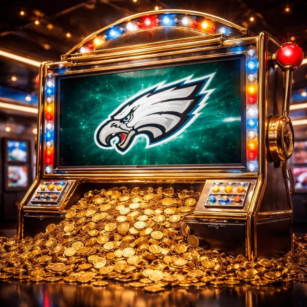 A slot machine with colorful lights displays the Philadelphia Eagles logo on its screen. Gold coins spill onto the floor, set against a vibrant casino backdrop—highlighting how sports networks manipulate fans with flashy rewards and enticing visuals.