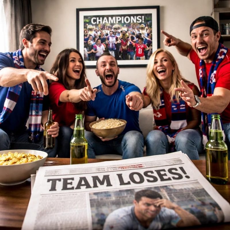 A group of fans cheering and pointing at a framed photo of a win while a newspaper on a table shows the team lost.