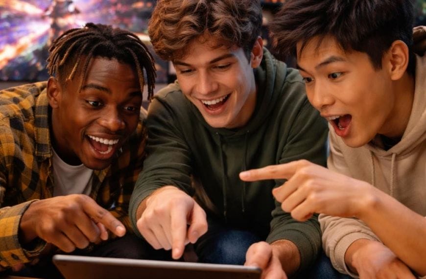 Three young men sit around a table, excitedly pointing at a tablet. They’re smiling and appear engaged, glowing from the screen’s light. The cozy room has warm lighting, shelves, and a vibrant TV screen in the blurred background.