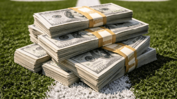 Stacks of bundled U.S. hundred-dollar bills—reminiscent of gambling money—are piled on the 50-yard line of an American football field, positioned on the green turf with white yard markers visible in the background.