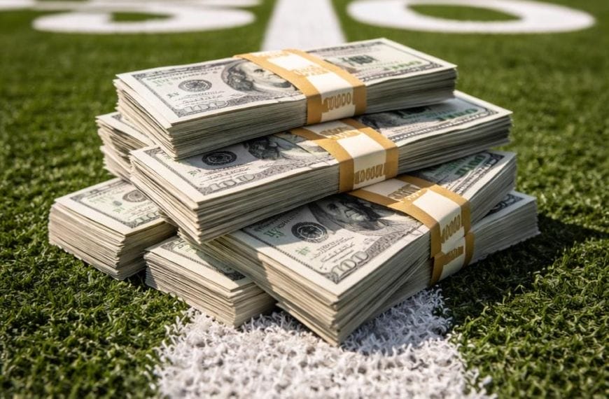 Stacks of bundled U.S. hundred-dollar bills—reminiscent of gambling money—are piled on the 50-yard line of an American football field, positioned on the green turf with white yard markers visible in the background.