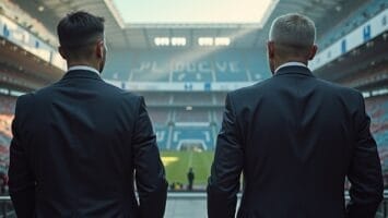 Two men in dark suits stand with their backs to the camera, overlooking a large, modern soccer stadium with empty seats and a green field under a partially open roof. The sunlight streams in, creating a dramatic, professional atmosphere.