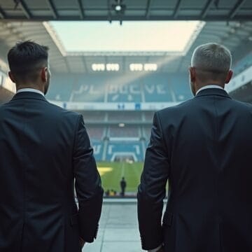 Two men in dark suits stand with their backs to the camera, overlooking a large, modern soccer stadium with empty seats and a green field under a partially open roof. The sunlight streams in, creating a dramatic, professional atmosphere.