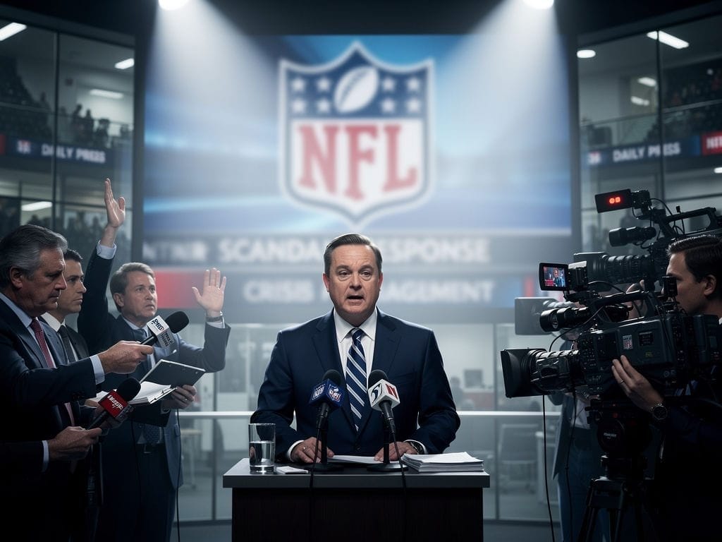 A serious man in a suit stands at a podium with microphones, addressing reporters in front of a large NFL logo. Cameras film him as journalists raise hands, holding notepads and microphones. The setting is a modern, glass-walled press room with bright lighting.